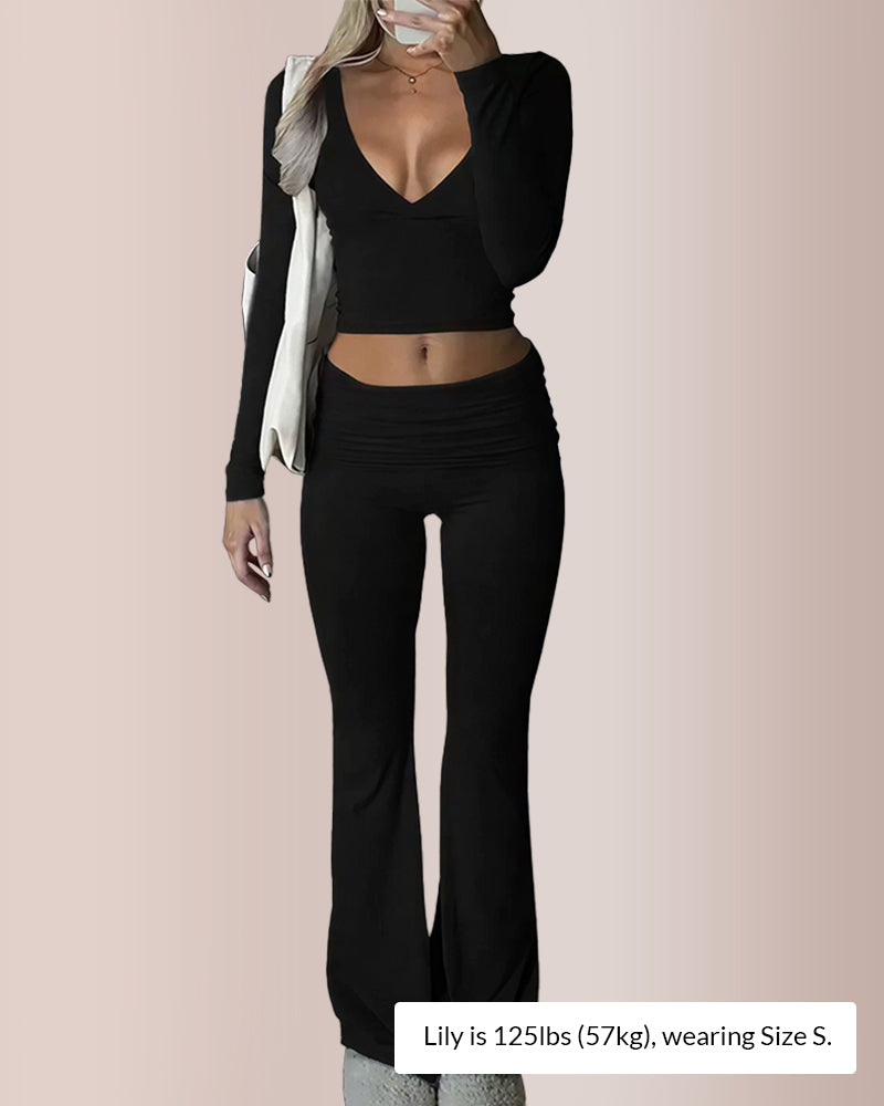 Slim-Fit V-Neck Crop Top & Pants Set