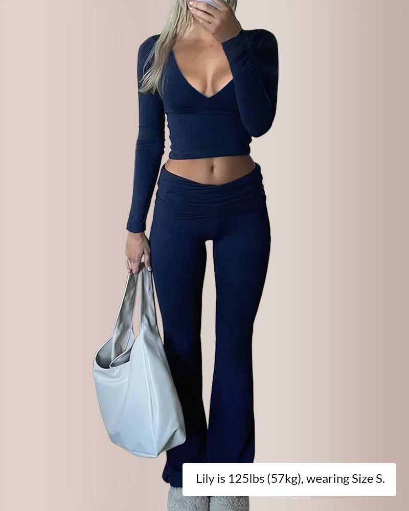 Slim-Fit V-Neck Crop Top & Pants Set