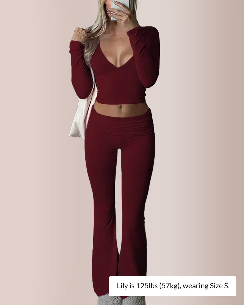 Slim-Fit V-Neck Crop Top & Pants Set